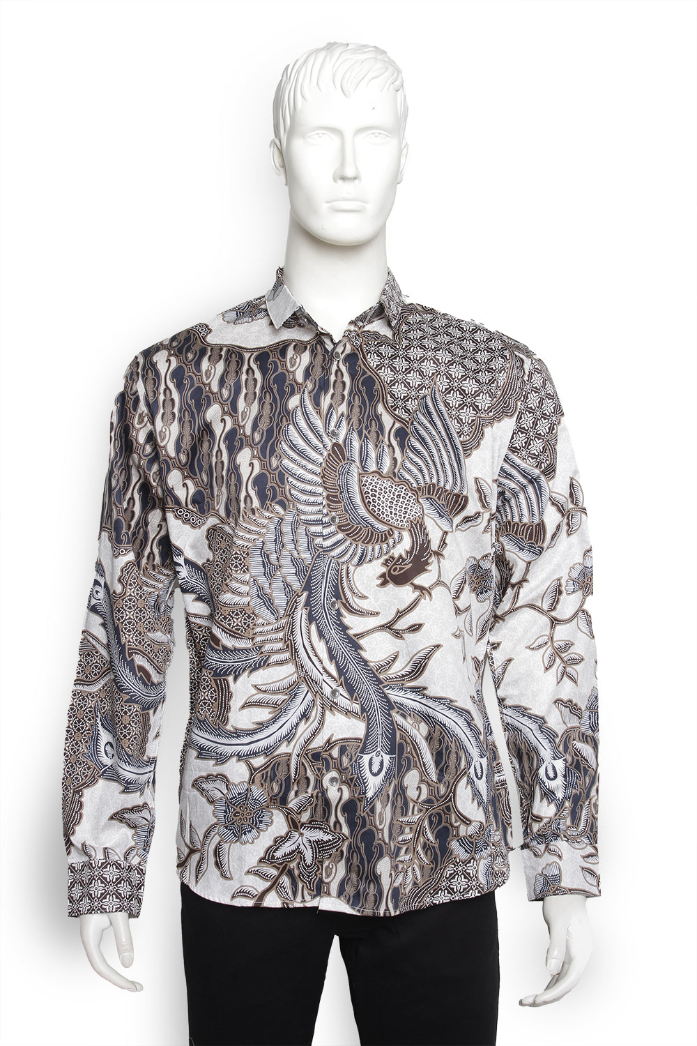 Men Shirt Tayana White Bird Pattern Long Sleeve