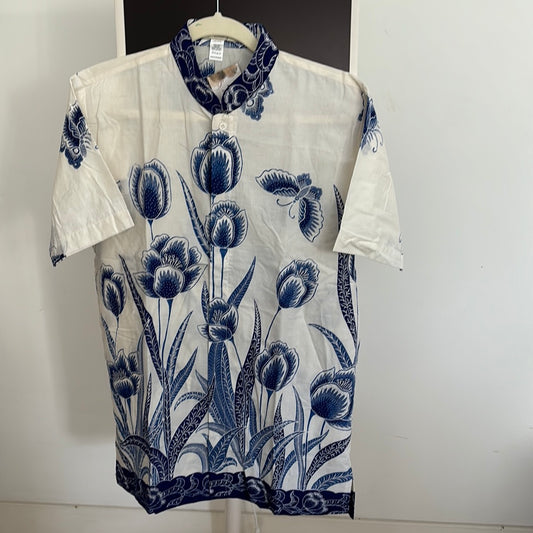 Men Shirt Blue White Flower