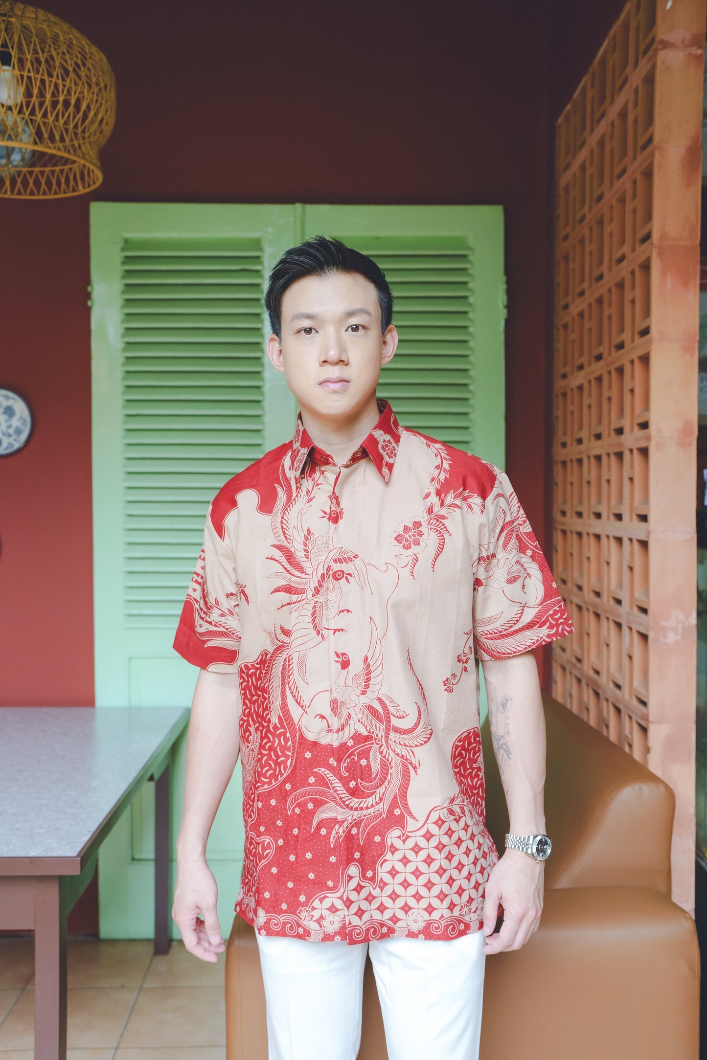 Men Shirt CNY Cream Maroon Floral