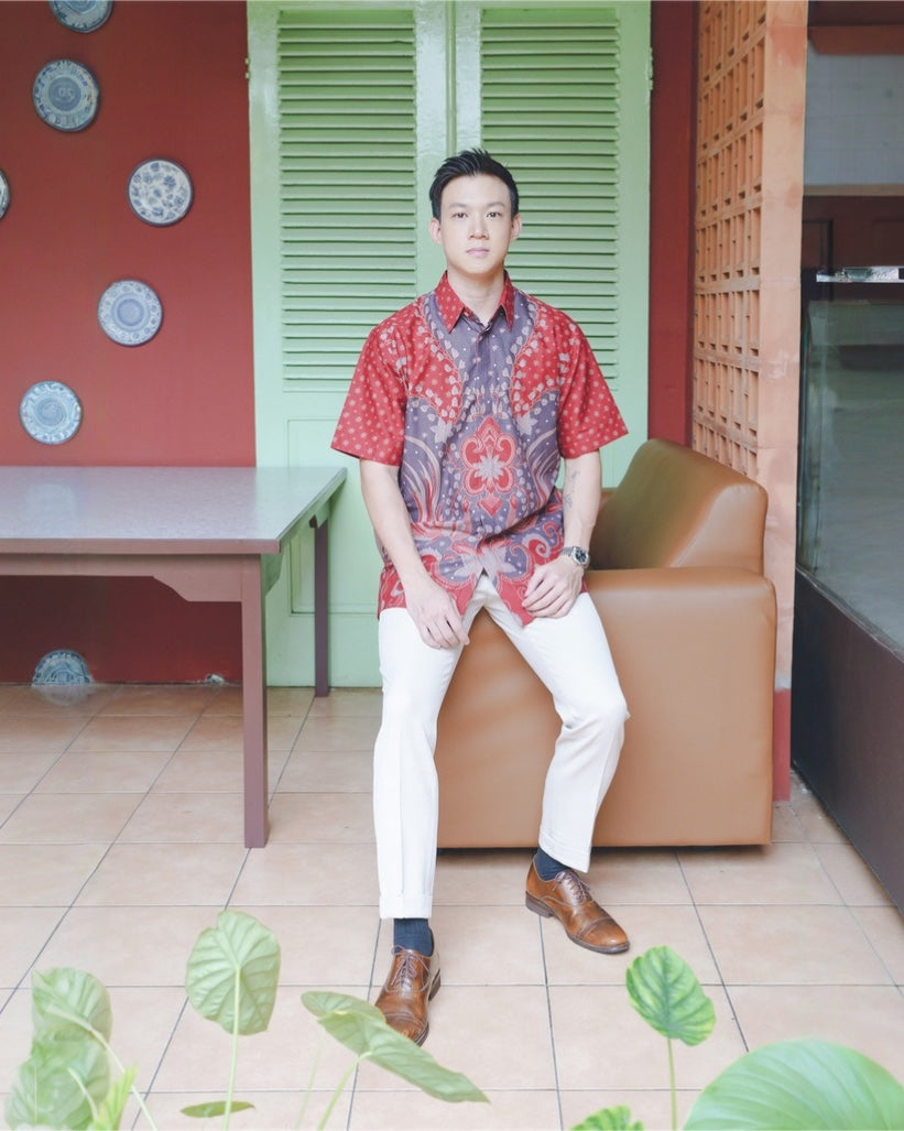 Men Shirt CNY Red Floral Bird