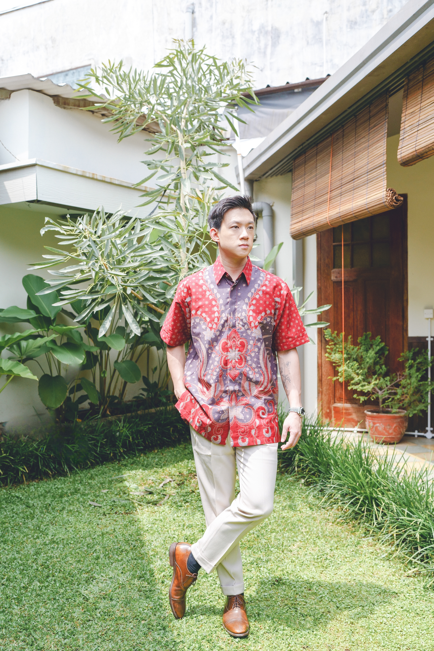 Men Shirt CNY Red Floral Bird