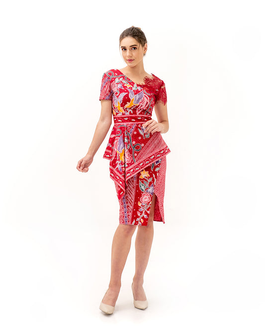 Dress Red Shoulder Lace Batik